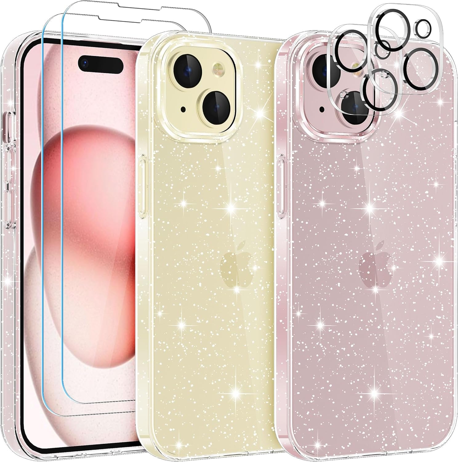 Glitter Clear Case Compatible with Iphone 15 with 2 Pack Screen Protector with 2 Pack Camera Lens Protector, Soft TPU Bumper Anti-Scratch Shockproof Transparent Sparkly Cover for Iphone 15