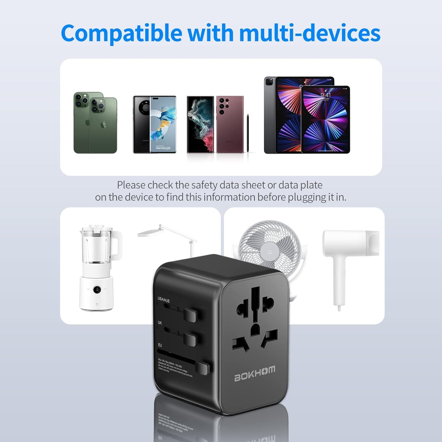 Worldwide Travel Adapter with USB C and a Port, All-In-One Universal Plug Carry Pouch Dual 10A Fuses International Power 4 Plugs Trips to US AU Europe UK