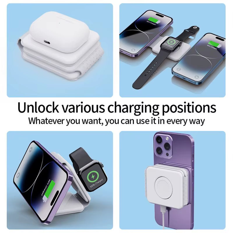 3 in 1 Magnetic Wireless Charger Pad Foldable Phone Chargers Stand for Iphone 14 13 12 Airpods Iwatch 7 6 5 Xiaomi Fast Charging