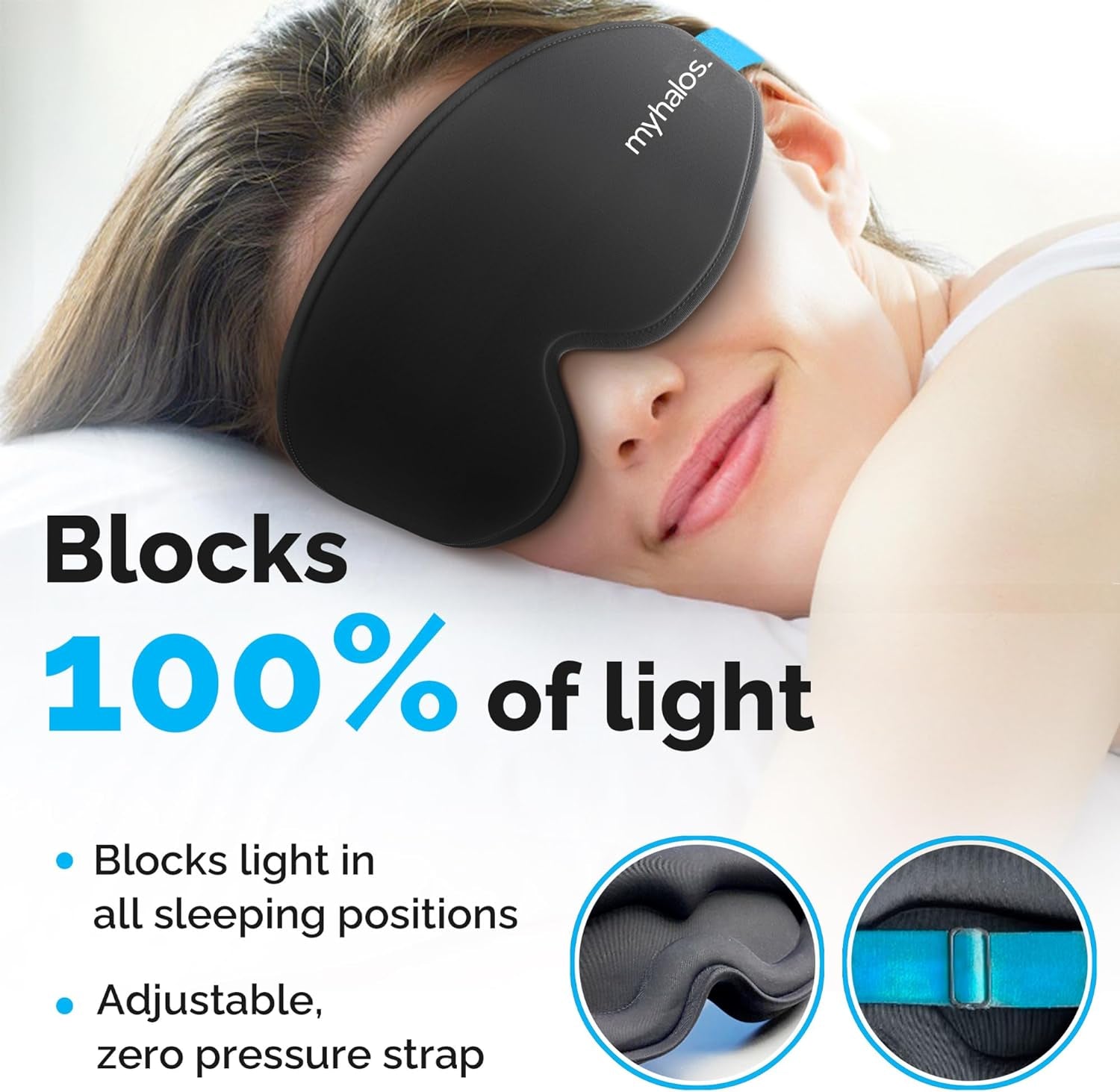 100% Blackout Sleep Masks for Women &amp; Men - Zero Eye Pressure Eye Mask for Sleeping -Our Halo Sleep Mask Includes a Storage Pouch- Black Eye Mask for Travel or Blindfold