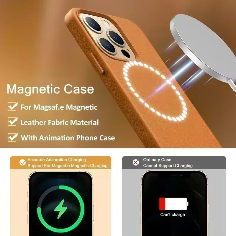 With Official Animation for Magsafe Leather Magnetic Case for Iphone 13 14 Pro Max Mini plus Shockproof Phone Cases Accessories