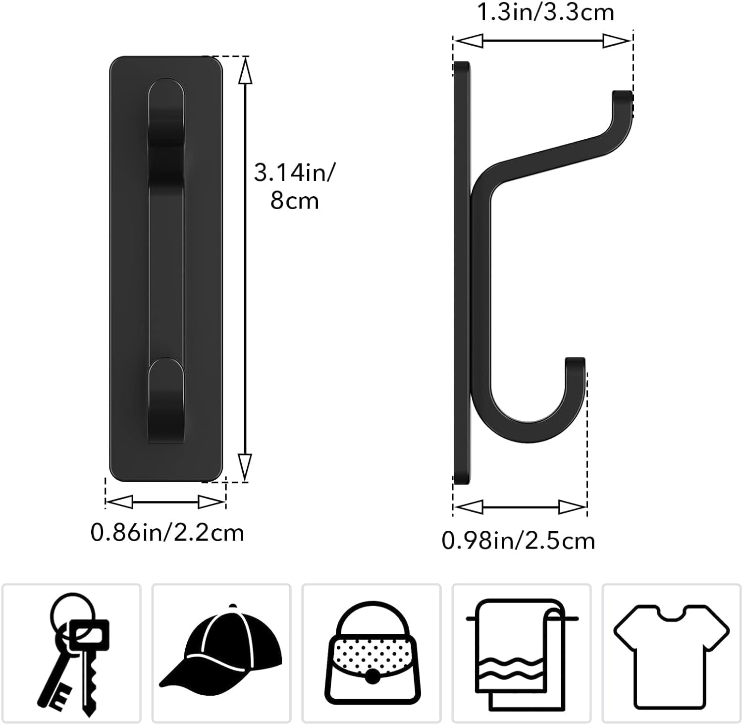 Self Adhesive Hooks, Extra Sticky and Strong, Hanging up to 6KG, Heavy Duty Stick On, No-Nail Hook for Back of Door, Black, 4 Pack