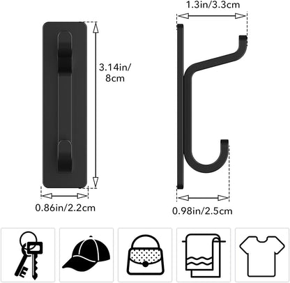 Self Adhesive Hooks, Extra Sticky and Strong, Hanging up to 6KG, Heavy Duty Stick On, No-Nail Hook for Back of Door, Black, 4 Pack