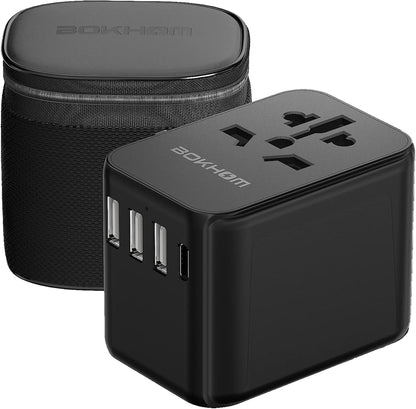 Worldwide Travel Adapter with USB C and a Port, All-In-One Universal Plug Carry Pouch Dual 10A Fuses International Power 4 Plugs Trips to US AU Europe UK