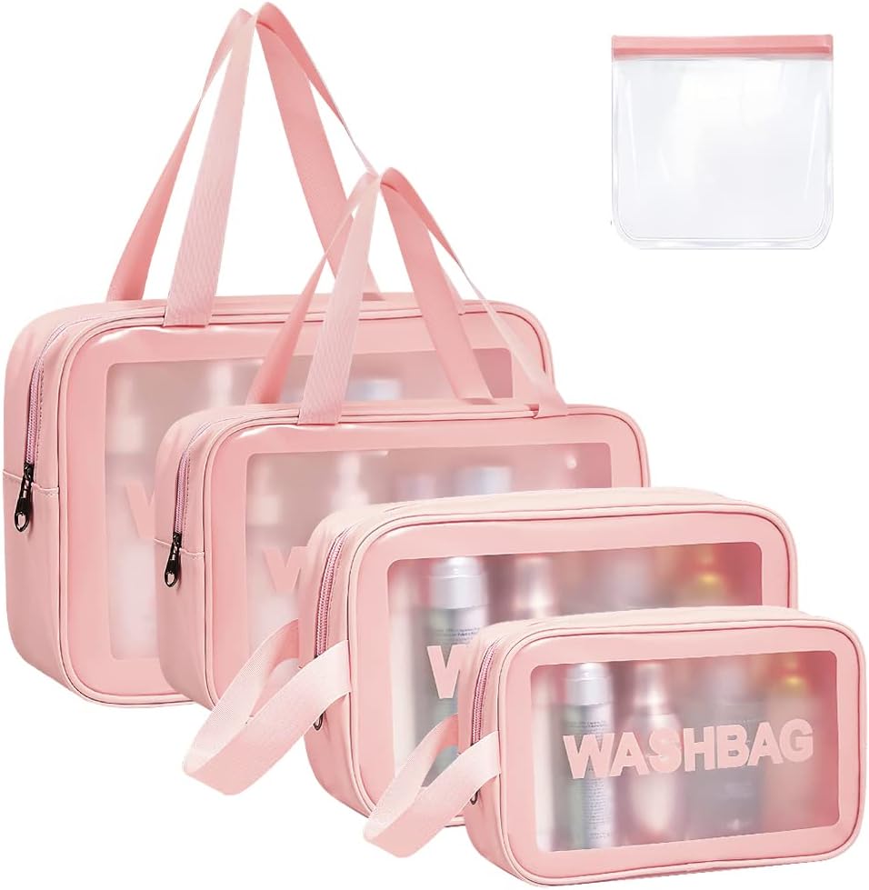 4-Piece Clear Toiletry Set, Waterproof PU Makeup Bag with Zipper Handle, Portable Travel Cosmetic Organizer for Men and Women