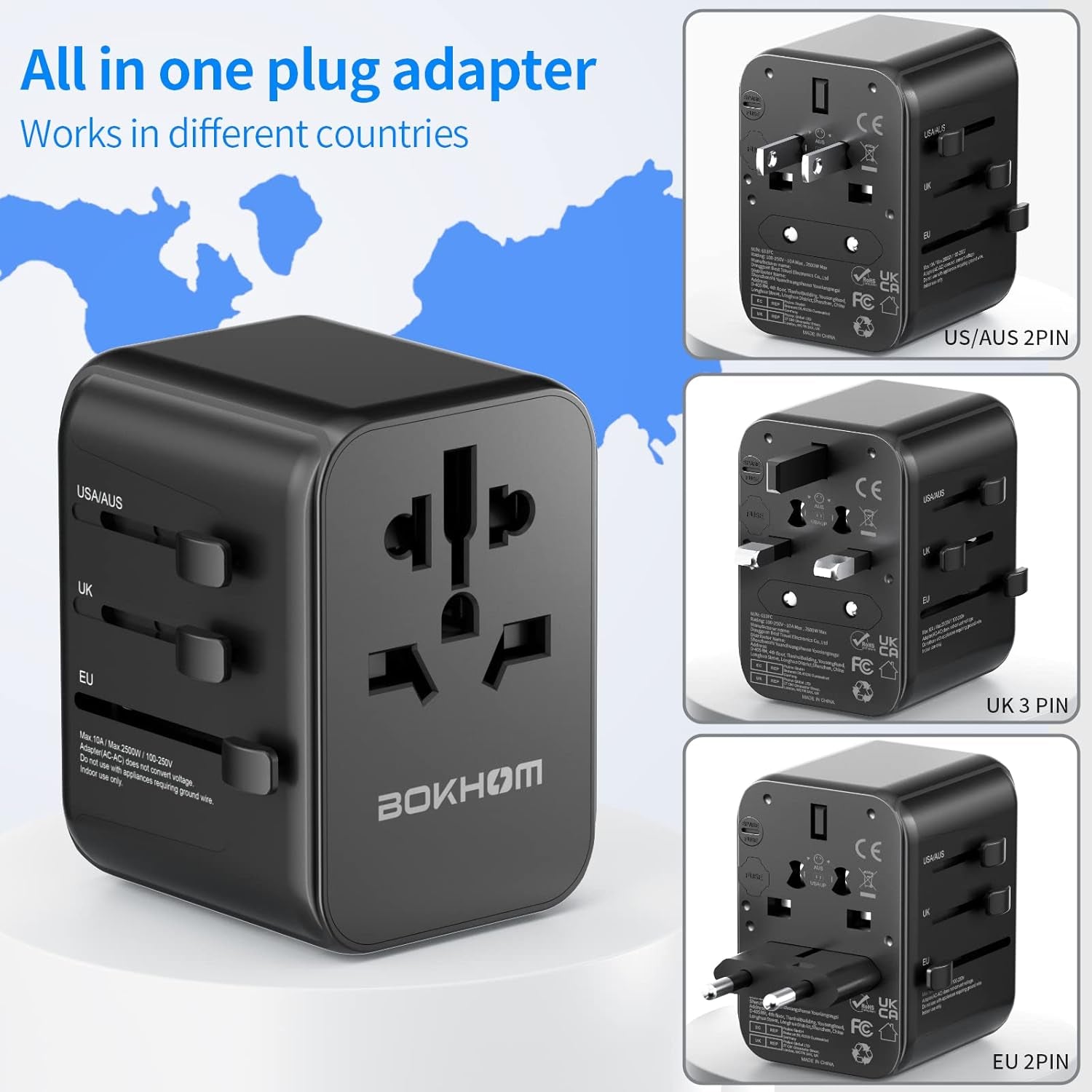 Worldwide Travel Adapter with USB C and a Port, All-In-One Universal Plug Carry Pouch Dual 10A Fuses International Power 4 Plugs Trips to US AU Europe UK