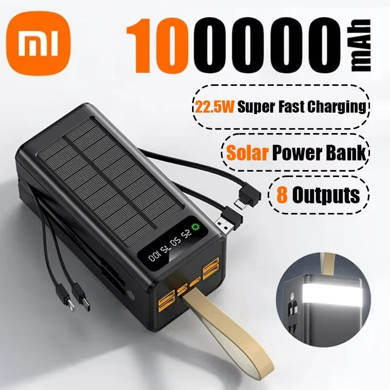 Xiaomi 100000Mah Solar Power Bank High-Capacity Built-In Cables External Battery LED Light Power Bank for Iphone Samsung 2024