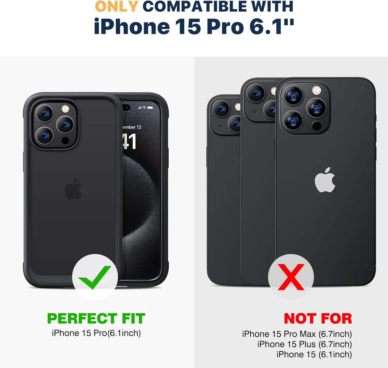 for Iphone 15 Pro Case, Full Body Rugged Case with Built-In Touch Sensitive Anti-Scratch Screen Protector + Glass Camera Lens Protector for Iphone 15 Pro 6.1&quot; (Frosted Black)