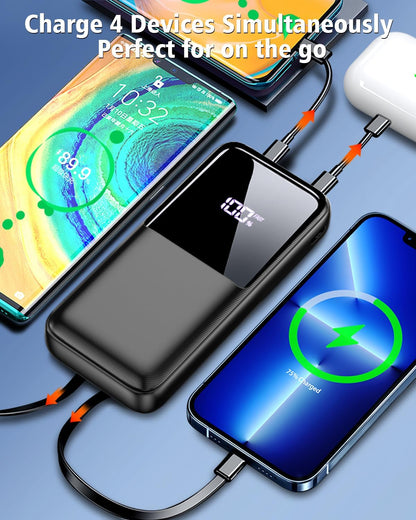 Power Bank Fast Charging 15000Mah, Portable Charger with 2 Built-In Cables &amp; 3 Ports, Powerbank with LED Display, Battery Pack Compatible with Iphone 16 15 14 13 Android and More, Black