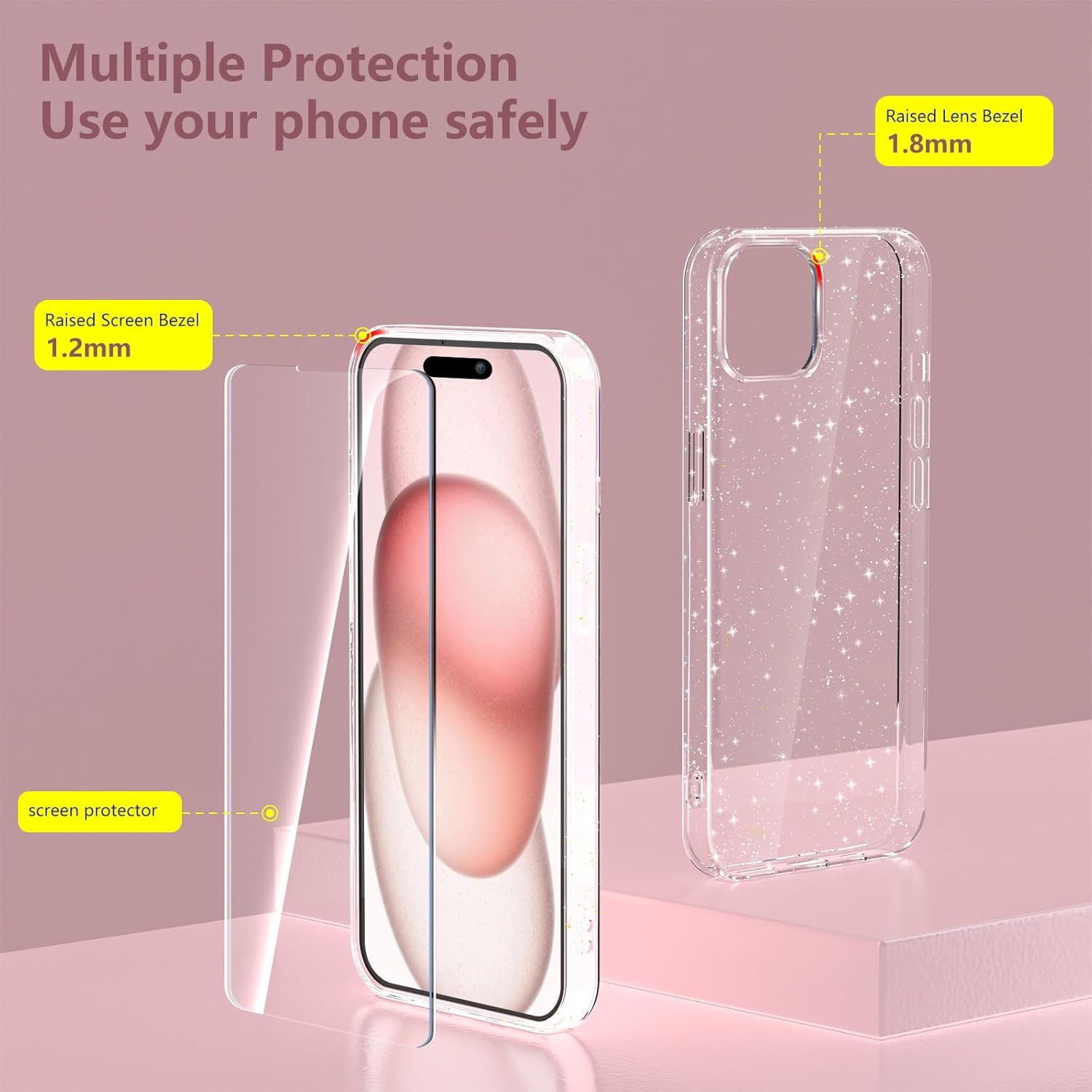 Glitter Clear Case Compatible with Iphone 15 with 2 Pack Screen Protector with 2 Pack Camera Lens Protector, Soft TPU Bumper Anti-Scratch Shockproof Transparent Sparkly Cover for Iphone 15