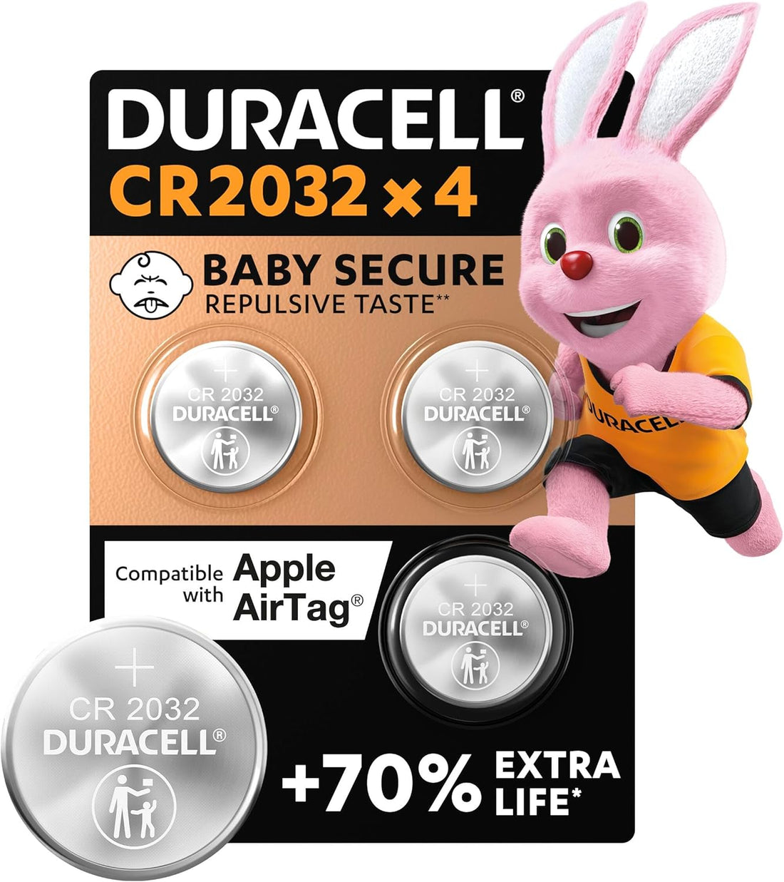 CR2032 Lithium Coin Batteries 3V (4 Pack) - up to 70% Extra Life* - Baby Secure Technology &amp; Packaging – for Apple Airtags, Key Fobs, Home Devices, Fitness and Medical Accessories