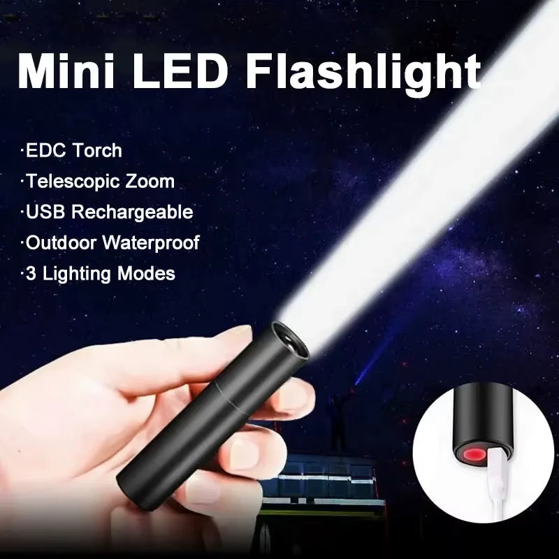 Waterproof Mini Telescopic Zoom Torch USB Rechargeable Powerful Flashlight