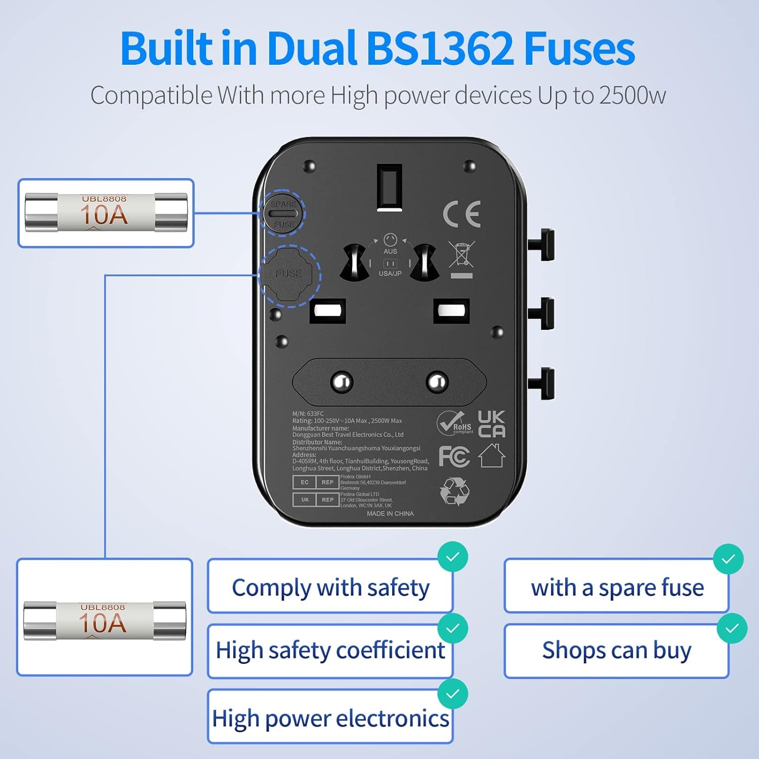 Worldwide Travel Adapter with USB C and a Port, All-In-One Universal Plug Carry Pouch Dual 10A Fuses International Power 4 Plugs Trips to US AU Europe UK