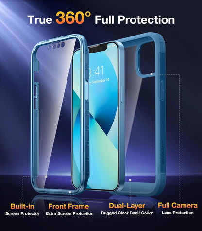 Compatible with Iphone 13 Case, 360° Full Body with Built-In Screen Protector Touch Sensitive Shockproof Bumper Case Cover Clear-Back Designed Compatible for Iphone 13 6.1&quot;-Blue