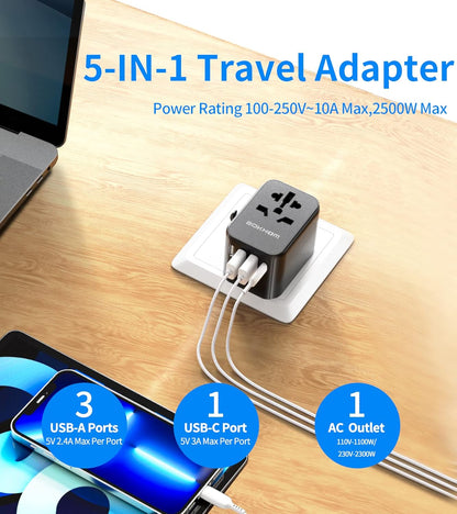 Worldwide Travel Adapter with USB C and a Port, All-In-One Universal Plug Carry Pouch Dual 10A Fuses International Power 4 Plugs Trips to US AU Europe UK