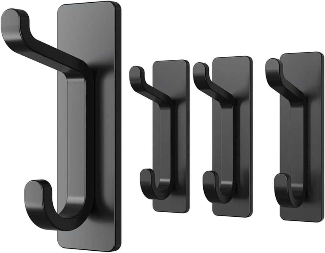 Self Adhesive Hooks, Extra Sticky and Strong, Hanging up to 6KG, Heavy Duty Stick On, No-Nail Hook for Back of Door, Black, 4 Pack